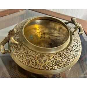 Vintage Asian Brass Censer Incense Burner Bowl Dragon Handles 8”